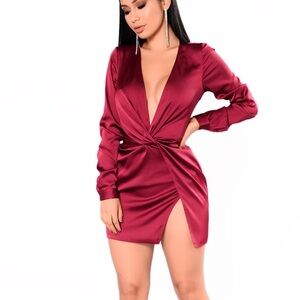 FashionNova “Sugar Free” Long Sleeve Mini Burgundy Satin Dress